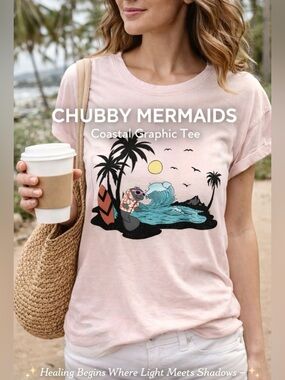 Chubby Mermaids Graphic Tee Beach Surf Sunset Shirt Size M